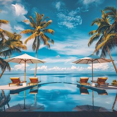 Obraz premium Stunning landscape of tropical resort with swimming pool in Maldives.