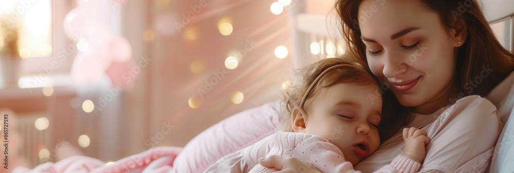 Poster a mother tenderly cradles her sleeping baby in a soft embrace, creating a peaceful and serene atmosp