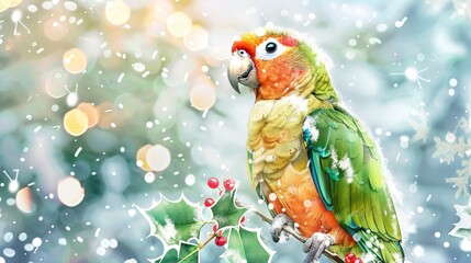 Colorful parrot perched on a snow-covered branch with Christmas lights. Concept of winter, holiday season, bird, nature