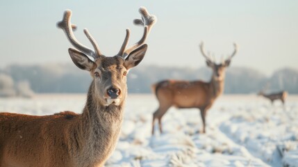 Naklejka premium Deer standing on snow-covered ground in a winter forest during sunset. Concept of wildlife, nature, winter season, animals in their natural habitat