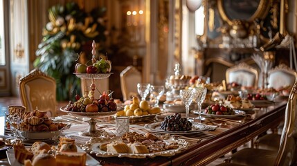 A fancy table with fancy food and drinks in a fancy room