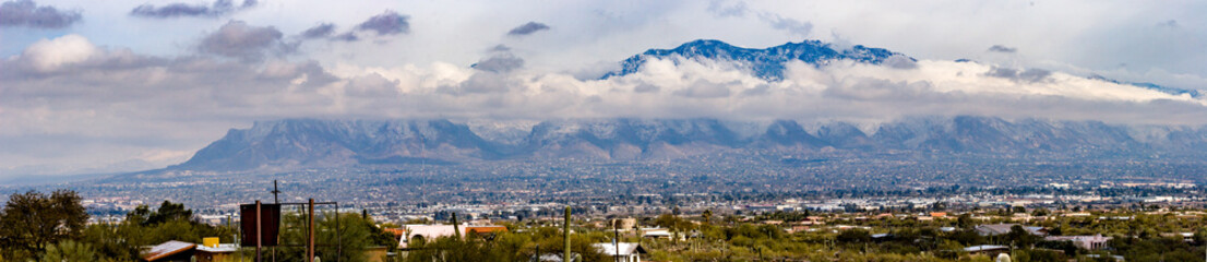 A high resolution panoramic image of snow on the Santa Catalina Mountains in Tucson, Arizona.