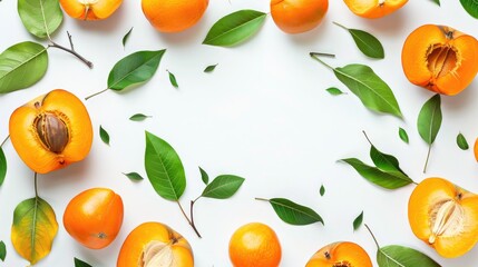 Persimmon slice with leaves on white background for text Overhead view Flat layout pattern