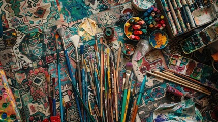 The Effervescent Spark of Imagination: A vibrant assortment of paintbrushes, crayons, and found...