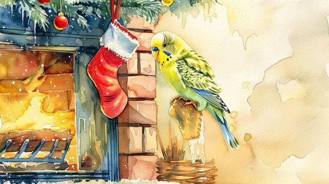 Watercolor illustration of a parakeet in a Christmas stocking by a fireplace. Concept of holiday decoration, festive bird, cozy winter, Christmas scene