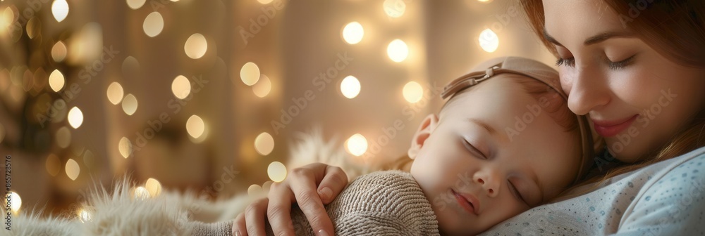 Poster a mother gently cradles her sleeping baby in a warm and inviting room with string lights. generative