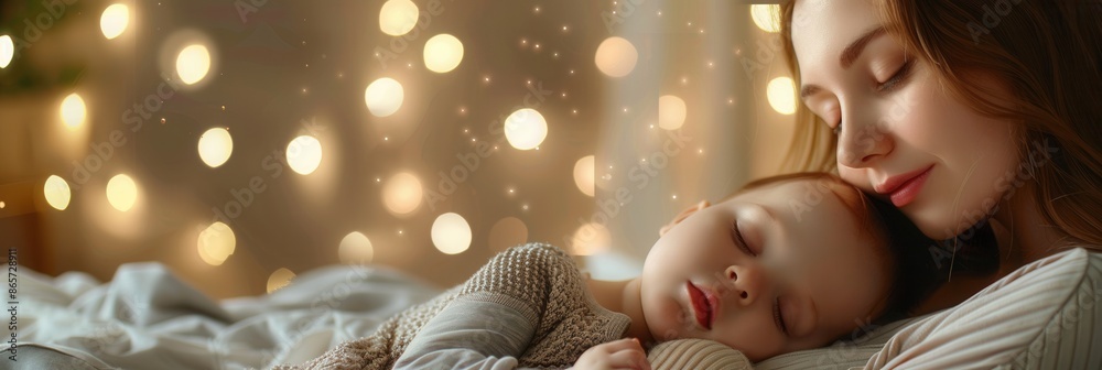 Poster a loving mother gently puts her baby to sleep in a cozy bed, illuminated by warm string lights creat