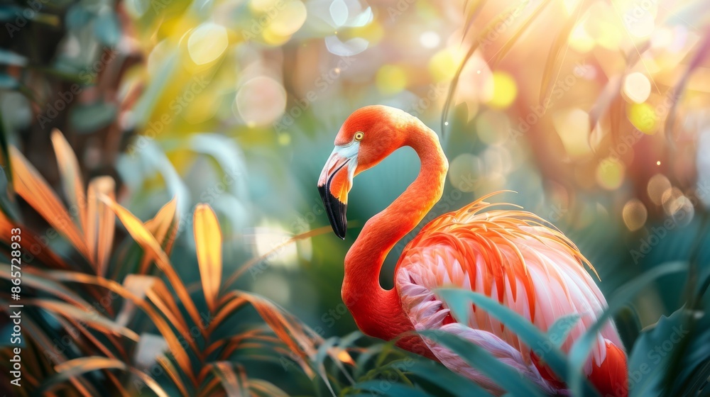 Wall mural Bright pink flamingo in lush green jungle. Concept of colorful bird, tropical wildlife, exotic nature, vibrant fauna