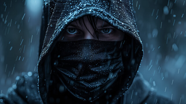 A man in a black hoodie and mask.