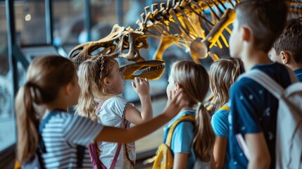 Group of children on a field trip to a museum looking at dinosaur skeletons