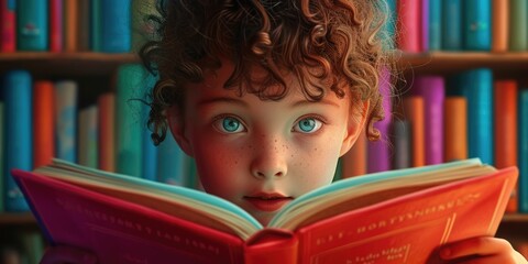 Close up of attractive child reading a book while looking at camera. Elementary student holding fairy tale novel book or bedtime stories surrounded by various book. Creative activity concept. AIG42. © InfiniteFlow