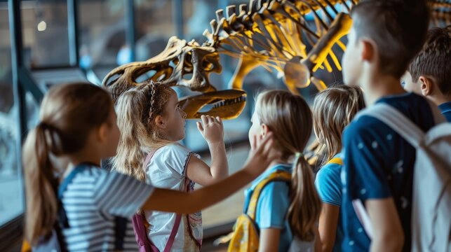 Group of children on a field trip to a museum looking at dinosaur skeletons
