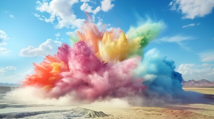 Colorful powder burst explosion in wild field, surreal scene of large amount of colorful powder particles smoke and fog rising on empty open field space, for color run event, creative idea sparkling