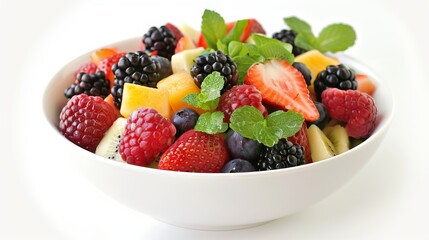 Fresh fruit salad in a white bowl on a white background. A healthy meal for the summer.