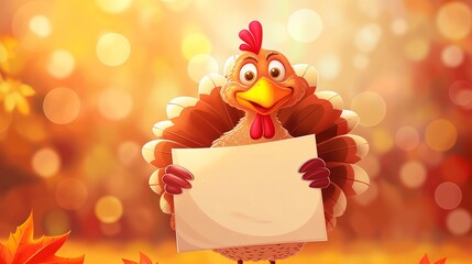 3d cute cartoon happy turkey character holding blank empty sign board for text on orange shiny autumn forest with falling leaves background, Thanksgiving fall season festive web banner.