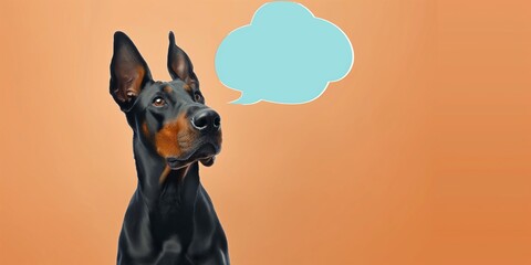 Curious Doberman pinscher dog puppy with empty mock up talking or thought bubble next to head looking at the camera isolated on vivid orange color background with copy space, thoughtful funny pet anim