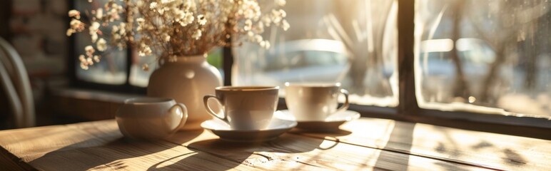 Fototapeta premium Cozy cafe with cups and vase of flowers