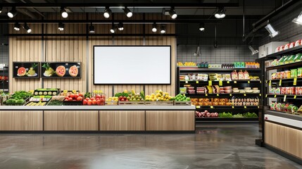 clean and modern grocery store supermarket with fruit and vegetable stand shelf, with white board for customized information concept of price, recipe and guide