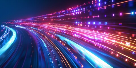 Abstract high speed technology motion light trail tunnel futuristic backgrounds, with light panoramic background with tunnel turn. Bright purple pink neon rays and lines glowing in ultraviolet light.