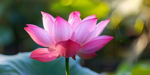 Obraz premium Lotus peaceful zen background, close up of pink lotus flowers on green big lotus leaves on blurred background with copy space, summer meditation Chinese Japanese zen spa style backdrop.