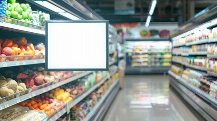 clean and modern grocery store supermarket with fruit and vegetable stand shelf, with white board for customized information concept of price, recipe and guide