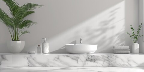 Elegant stylish white bathroom interior with marble clean white counter top and ceramic washing basin and steel sink, for luxury modern interior design backgrounds.