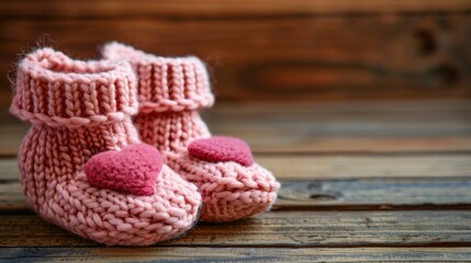 Cute pink baby booties with heart on wooden backdrop Warm winter shoes for little girl with space for text Lovely knitted gift for child
