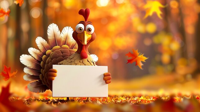 3d cute cartoon happy turkey character holding blank empty sign board for text on orange shiny autumn forest with falling leaves background, Thanksgiving fall season festive web banner.