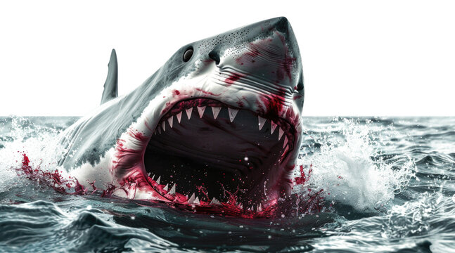 A shark with bloody jaws swimming in ocean isolated on transparent background.