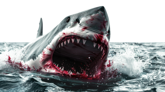 A shark with bloody jaws swimming in ocean isolated on transparent background.