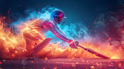 Cricket player in a detailed depiction using resistance bands with glowing xray elbows vibrant colors representing recovery from tennis elbow