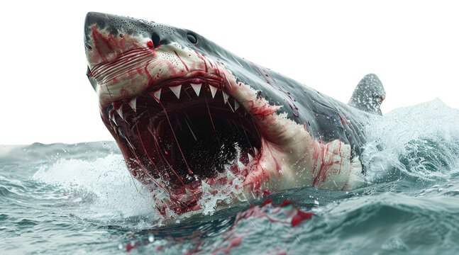 A shark with jaws covered in blood swimming in water isolated on transparent background.