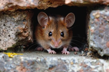 Mouse peeking from hole in brick wall