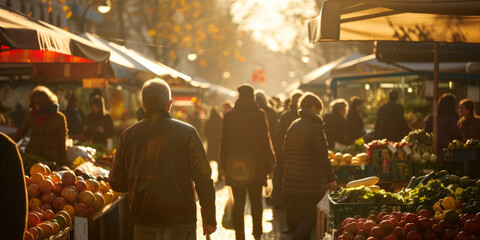 A bustling farmer's market in the late afternoon, with silhouetted shoppers browsing vibrant stalls of fruits and vegetables, backlit by the golden hour sunlight