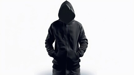 Male black hooded sweatshirt mockup for print design on white background.
