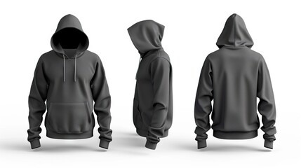 Male black hooded sweatshirt mockup for print design on white background.
