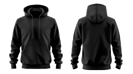 Male black hooded sweatshirt mockup for print design on white background.