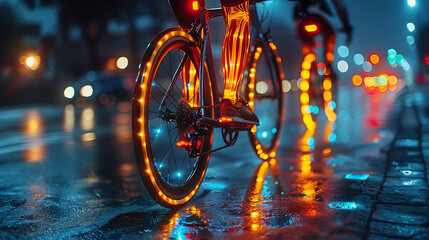 Cyclist undergoing knee rehabilitation with a glowing xray effect on the knee using resistance bands under the guidance of an athletic trainer