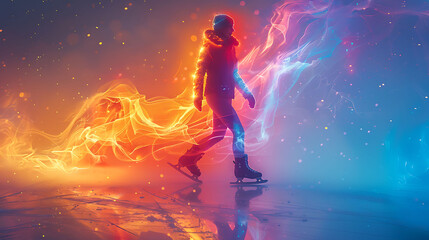 Naklejka premium Figure skater in a vibrant conceptual art piece using resistance bands with glowing xray ankles depicting recovery from sprains