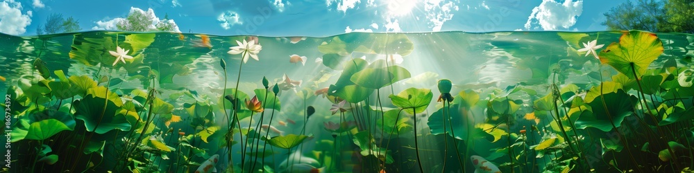 Wall mural koi fish swimming under lily pads in serene pond with sunlight - Wall murals