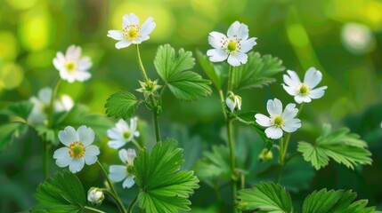 Wild strawberry flowers blooming beautifully