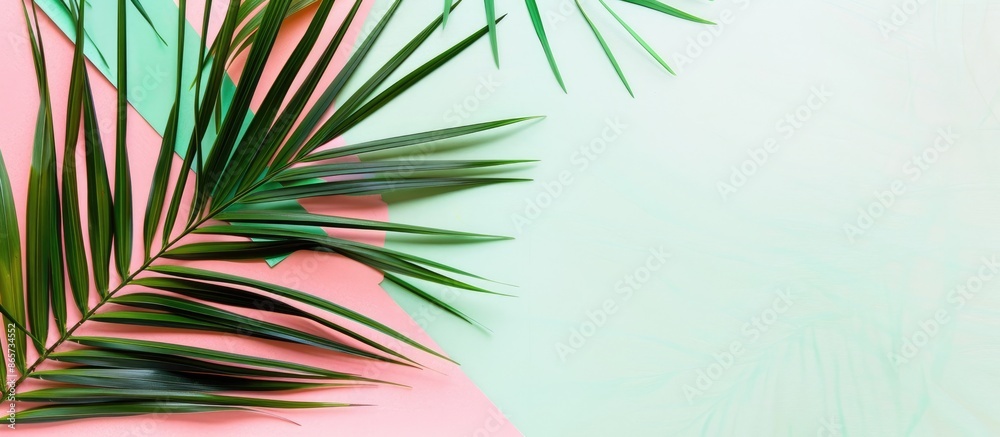 Canvas Prints Minimal summer exotic concept with copy space featuring a green tropical palm leaf on a pink and green background in a creative flat lay.