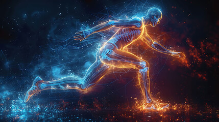 Handball player in an abstract representation using resistance bands with glowing xray knees vibrant hues illustrating the journey from ACL tears to recovery