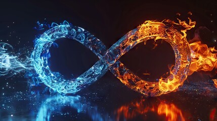Fire ice infinity sign isolated on black background. 3D illustration  3D render