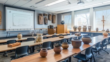 History lecture in a college classroom with artifacts on display