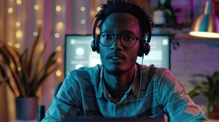 Obraz premium African man uses video call app for remote communication.