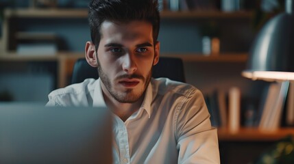 Obraz premium Male employee conducts online interview via video call from home.