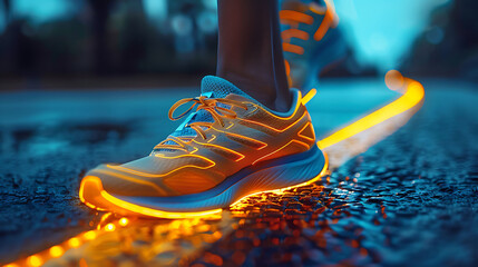 Runner performing calf stretches with a glowing xray effect on the foot to prevent plantar fasciitis