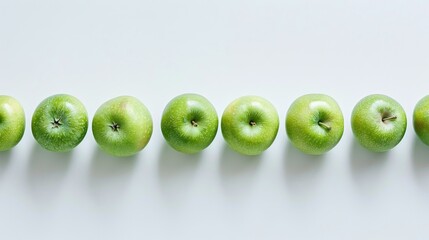 Line of fresh green apples on a white surface