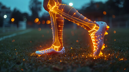 Soccer player wearing proper gear including a glowing xray effect on the knee pads to emphasize injury prevention